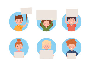 Kids holding blank banners or papers with copy space, flat vector isolated.