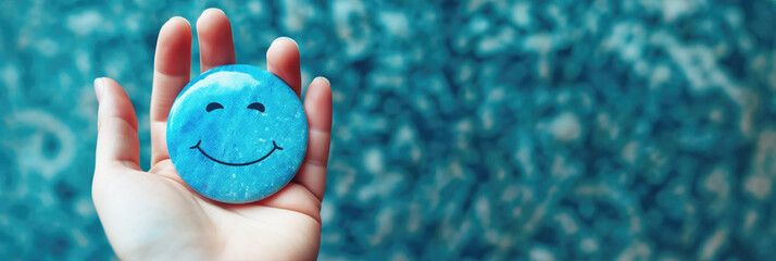 Hand holding paper cut circle symbol face smile, happy, relax, satisfaction survey, customer services, positive, good, wellness, health child, hospital, world mental health.Generative ai.