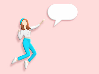 People cheerful jumping speak with speech bubble on background. Communication conversation. Illustration 3D for content woman happy talking, person social network, new online media, woman enjoy 