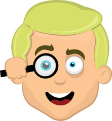 vector illustration face of a blond cartoon man with blue eyes observing with a magnifying glass