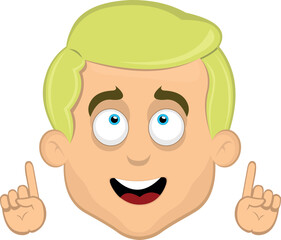 vector illustration face man cartoon blonde with blue eyes observing and pointing upwards with your hands