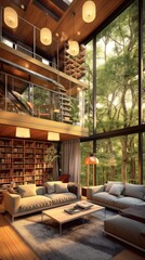 Obraz na płótnie Canvas Modern Luxury Tree House Design Living Room Interior Style Background - Living Room in the Modern Luxury Tree House Apartment Design Indoor Home Decor Wallpaper created with Generative AI Technology