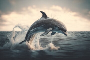 large dolphin jumps out of the sea in an arc created with Generative AI technology