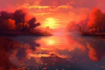 autumn landscape around a lake, setting sun in the sky created with Generative AI technology