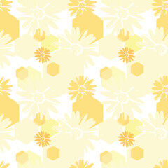 Honeycomb vector seamless pattern. Honey with flowers colorful print background.