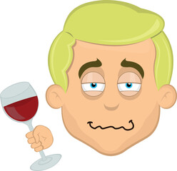 vector illustration face man cartoon blonde blue eyes drunk with a glass of wine in his hand