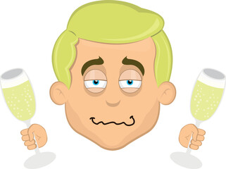 vector illustration face man cartoon blonde, drunk with beers glasses in his hands