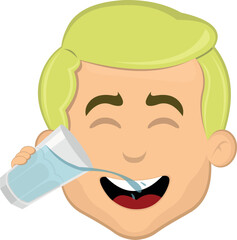vector illustration face of a blond cartoon man with blue eyes drinking a glass of water