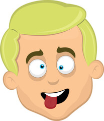 vector illustration face of a blond cartoon man with blue eyes with an expression of madness, crossing his eyes and sticking out his tongue