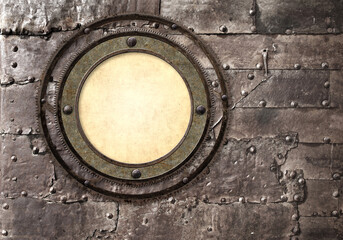 Obraz na płótnie Canvas Horizontal background metallic round frame with vintage machine gears and retro cogwheel. Copy space for text. Can be used for steampunk and mechanical design