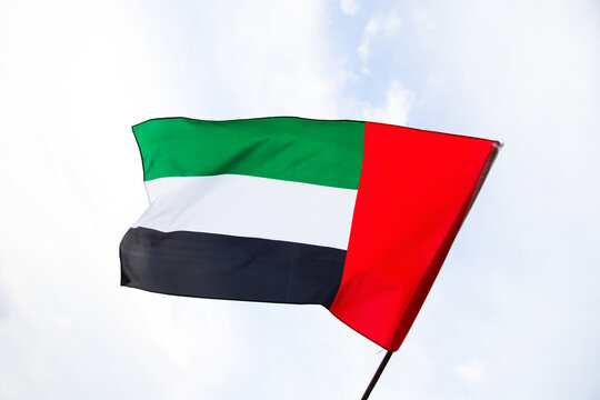 Waving fabric texture of the flag with color of United Arab Emirates, UAE real texture flag