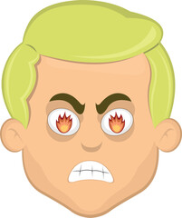 vector illustration face of a blue eyes blonde man cartoon angry with flames of fire in his eyes