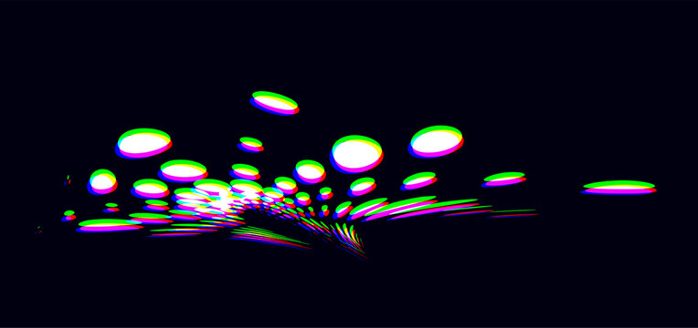 CMYK-shifted multi-sized peas flying in different directions on a dark background. The optical effect of blurring the image when moving away. For corner accent, edging. Vector.