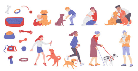 Set of characters with animals and pets care supplies, flat vector isolated.