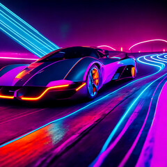 Obraz na płótnie Canvas Futuristic Sports Car On Neon Highway. Powerful acceleration of a super car on a night track.Generative AI