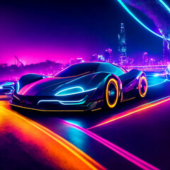 Futuristic Sports Car On Neon Highway. Powerful acceleration of a super car on a night track.Generative AI