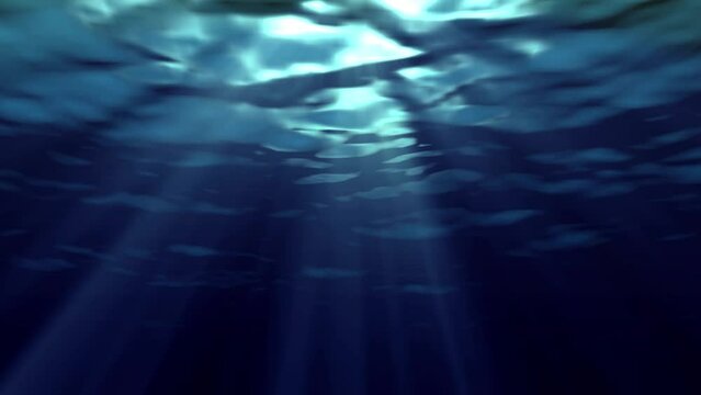 Animation of underwater view of rays of sunlight shining on the surface of the water, artsy conceptual underwater digital render, seamless loop.