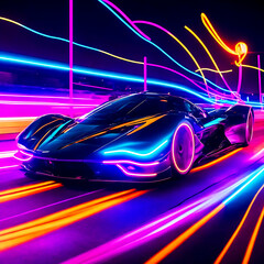 Futuristic Sports Car On Neon Highway. Powerful acceleration of a super car on a night track.Generative AI