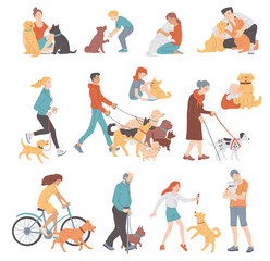 Set of people walking, playing and cuddling their dogs, flat vector illustration isolated on white background.