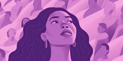 Portrait of a young woman with a beautiful hair on purple background showing society, generative ai