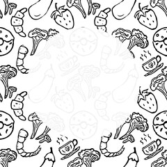 Food backgrond with place for text. Drawn food illustration