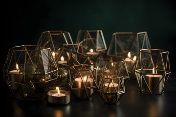 Fototapeta na wymiar A group of angular brass candle holders arranged in a cluster.