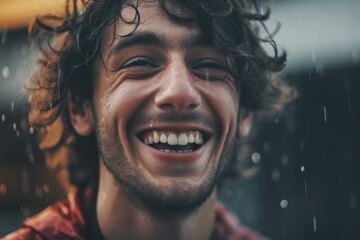 Young cheerful man head shot under the rain. Generative AI, Generative AI
