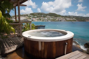 A luxurious jacuzzi on a tropical Caribbean island surrounded by lush greenery. - obrazy, fototapety, plakaty