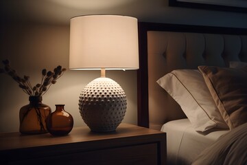 A lamp sitting on a bedside table in a room with a numerical identifier at the top.
