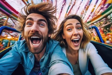 Photo sur Plexiglas Parc dattractions Cheerful young couple selfie enjoying rollercoaster. Generative AI, Generative AI