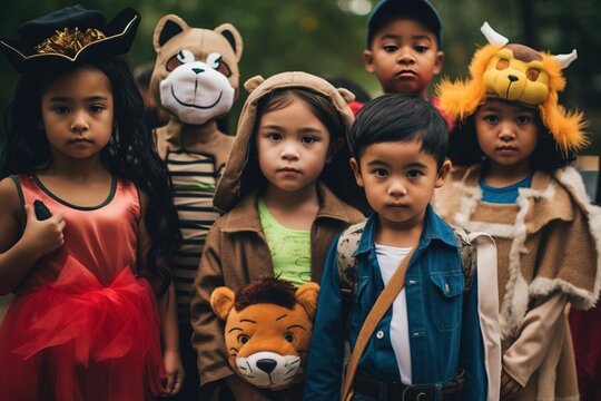 Several children with costumes for Halloween. Generative AI, Generative AI
