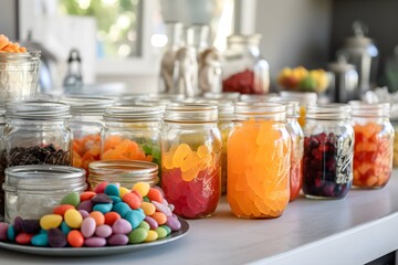 Fototapeta na wymiar A vibrant display of candies lined up inside mason jars.