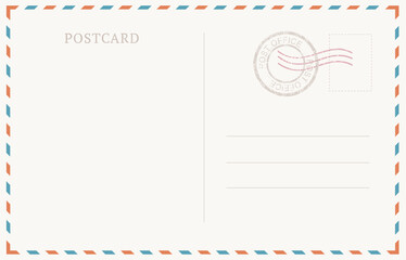 Envelope Postcard Template with Mail Stamp and Place for Message Vintage Paper Texture. Vector illustration of Post Card - obrazy, fototapety, plakaty