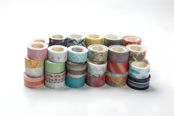 A collection of decorative washi tape rolls featuring bright and intricate designs arranged in a row.