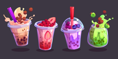 Tea bubble beverage with milk and tapioca vector. Summer boba coffee ice drink in cup with fruit and splash illustration. Isolated delicious milkshake and smoothie dessert clipart for cafe menu.