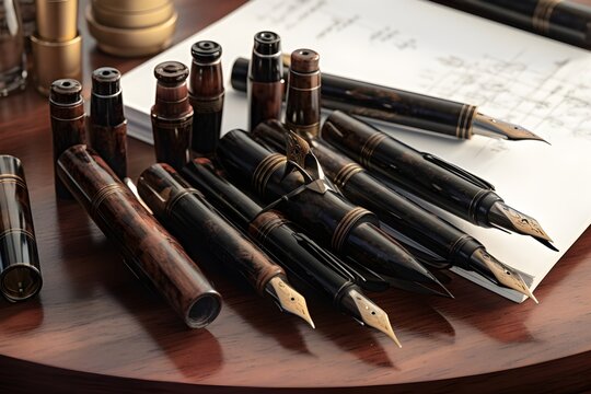 A collection of vintage writing instruments comprising of metal nibs and wooden handles.