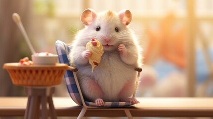 A chubby hamster perched on a tiny chair, holding a mini ice cream cone and nibbling on the frozen treat - Generative ai