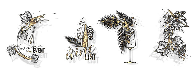 Wine designs - Collection of wine glasses and bottles - Hand drawn elements for invitation cards, advertising banners and menus. Wine glasses with splashing wine. Sketch vector illustration.