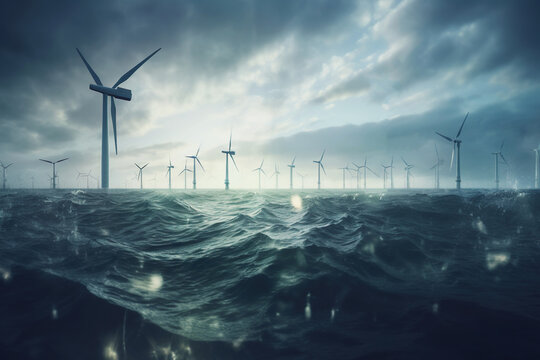 Illustration of wind farm on sea during storm