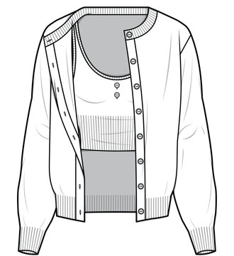 recommend clip art: womens long sleeve crew neck cardigan flat sketch vector illustration technical cad drawing template