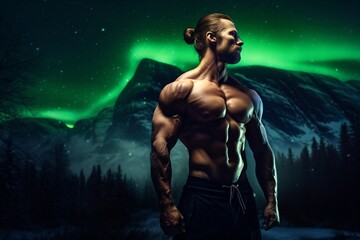 Fototapeta na wymiar muscular man standing sexy in front of a snowy mountain, northern lights in the sky created with Generative AI technology