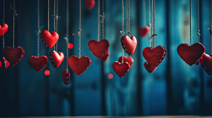 Hanging red heart shapes blue wooden background. Generative AI