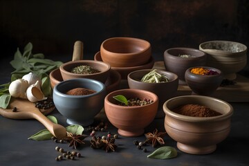 Obraz na płótnie Canvas A variety of spices and herbs arranged in small jars.