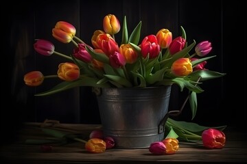 A colorful bouquet of tulips is displayed in an iron bucket, creating a charming natural composition (image 00018).