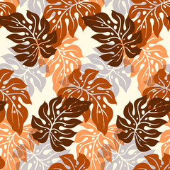 Monstera Leaf Pattern Design On Cream Color Background.