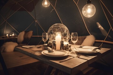 Empty champagne flutes sit on a dining table inside a dome.