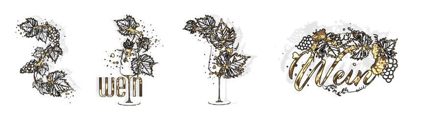 Collection of wine glasses and bottles - Wine Designs - Hand drawn elements for invitation cards, advertising banners and menus. Wine glasses with splashing wine. Sketch vector illustration.