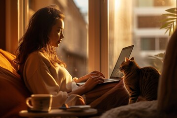 Young woman with laptop relaxing at home with her cat. Generative AI, Generative AI