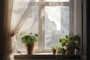 A window adorned with white tulle and pot plants.