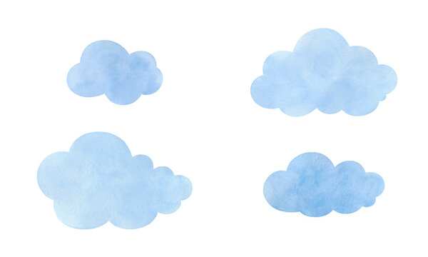 A set of watercolor, delicate, light, light blue clouds isolated on a white background. Drawn by hand. Element for design, decoration, holiday, postcard.